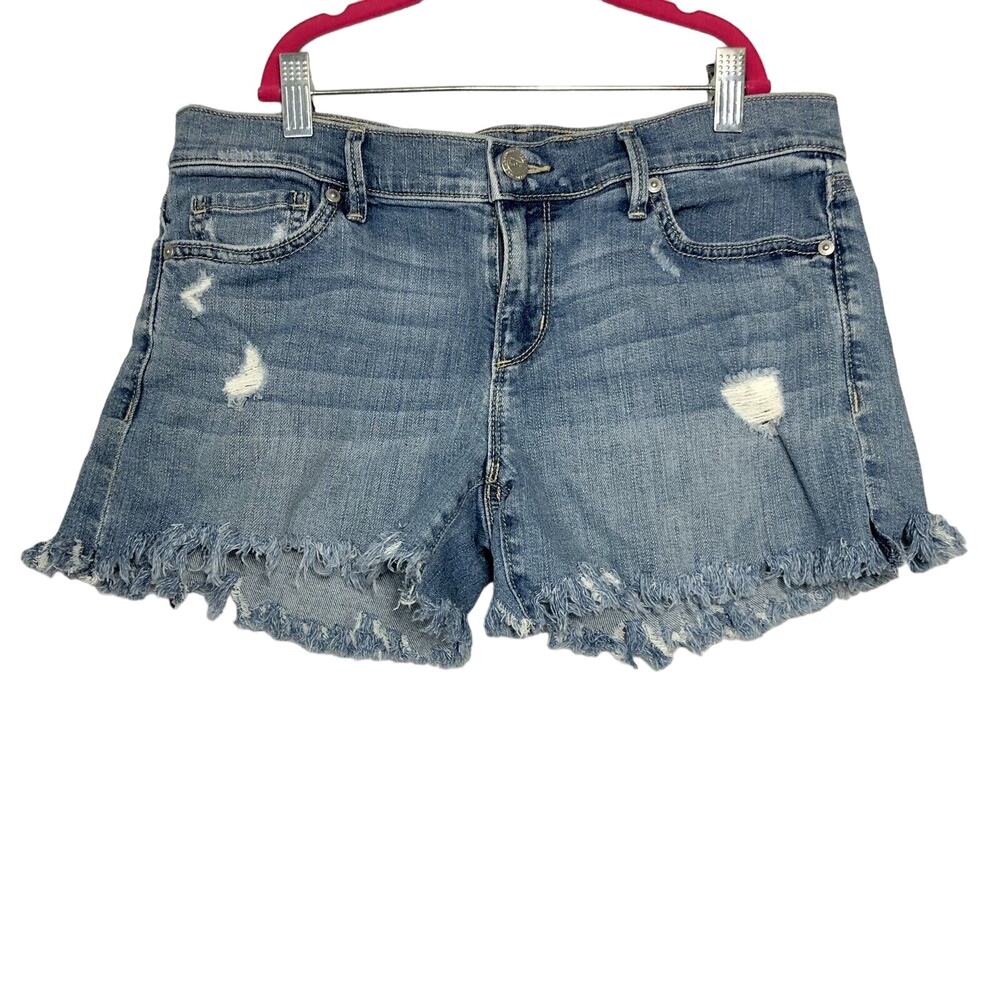 Loft Denim Womens Jean Shorts Sz 2 Raw Hem Low Rise Distressed Blue Denim Fringe